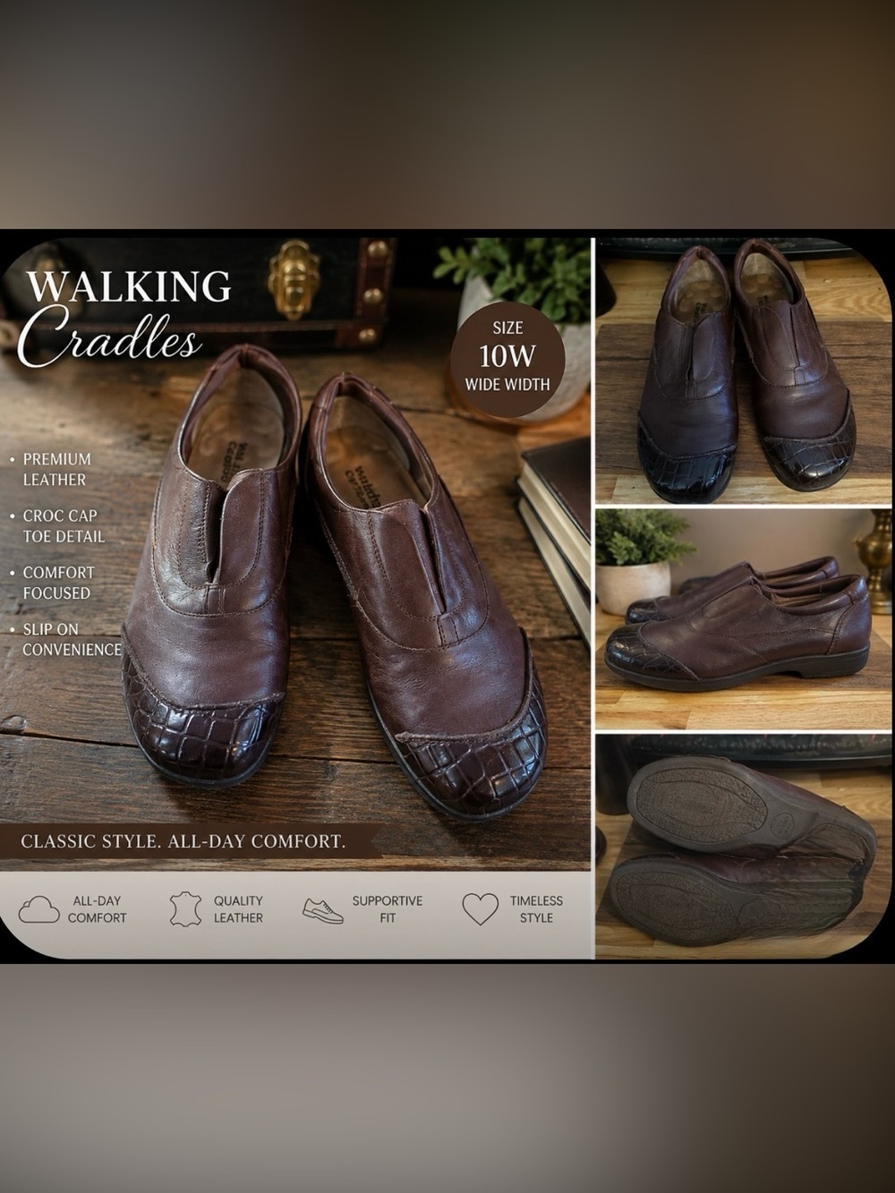 Walking Cradles Brown Leather Croc Cap Toe Slip On Comfort Loafers Shoes 10W